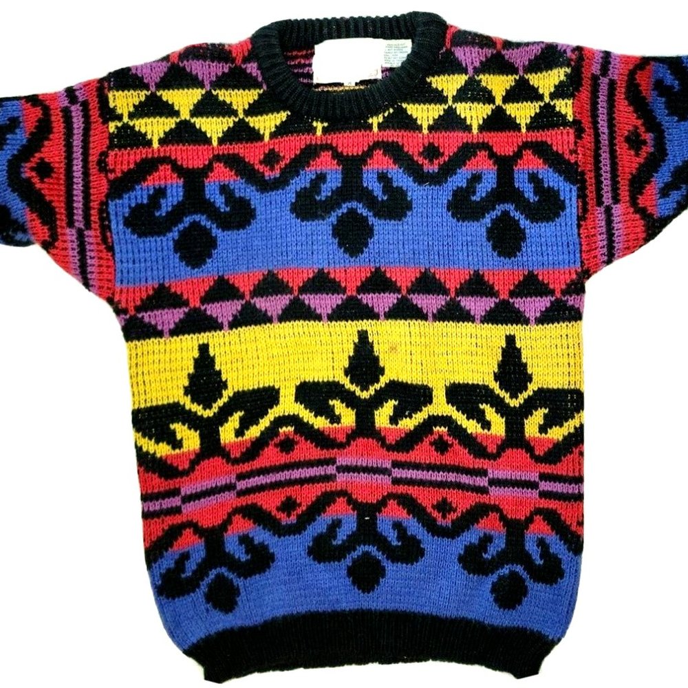 NOS Vtg 90s Organically Grown Multicolor Geometric Short Sleeve Sweater Size Med